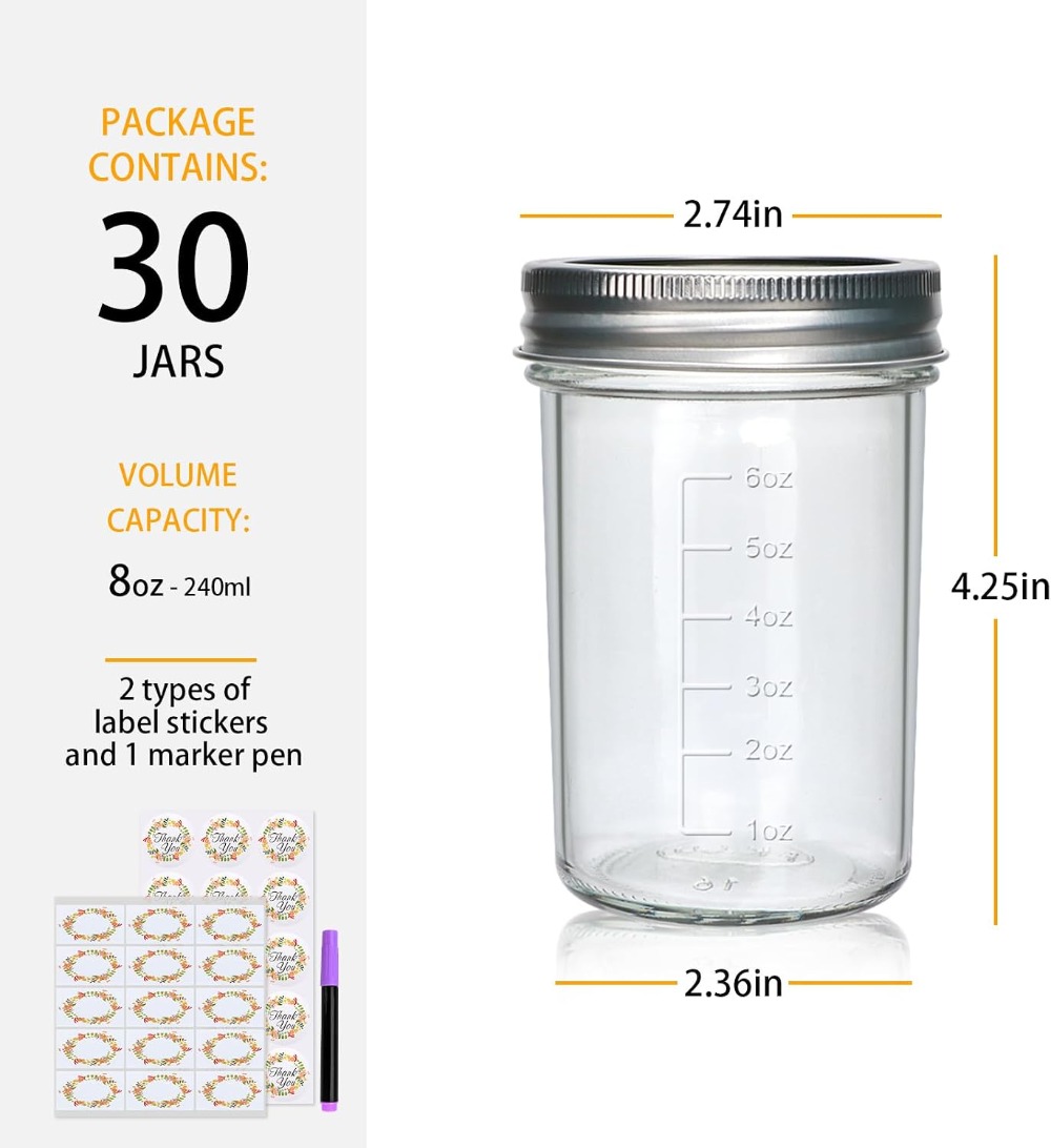 30개입 8온스 메이슨 자(뚜껑 포함), 하프 파인트  - Mason Jar 8Oz 리뷰 및 가격